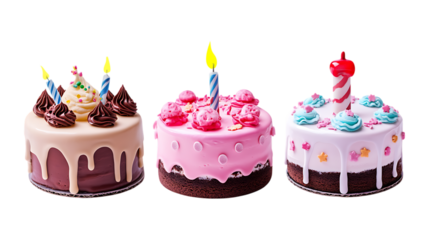 A trio of colorful birthday cakes with festive candles and dripping frosting offers a perfect visual for holiday advertising materials.