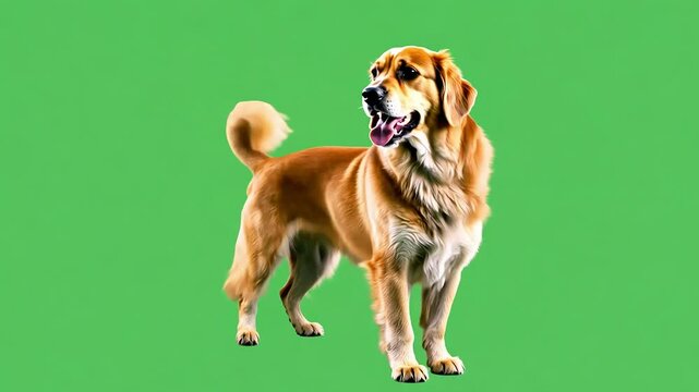 Happy golden dog standing on green screen, tail wagging, mouth open