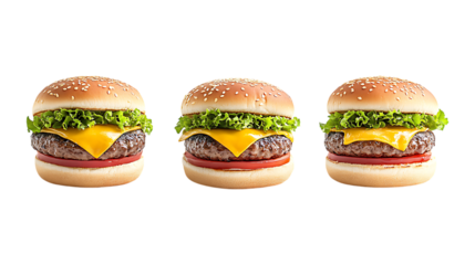 Cheeseburger Set in Three Different Poses on Transparent Background for Fast Food Branding, Menu Design, or Culinary Illustrations