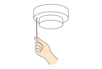 火災報知器, 自動火災報知設備, 火災, 点検, 安全, 防災, 設備点検, 紐を引く, 紐, 紐付き報知器, 手, 点検作業, 火災予防, 非常ベル, 押しボタン, マンション設備, 家庭用火災報知器, 消防, 消防設備, 防災設備, 住宅用火災警報器, 室内設備, イラスト, ベクター, シンプル, 清潔感, 線画, 無背景, png, 安心, 危険対策, 危機管理, 高所, 手元アップ, 点