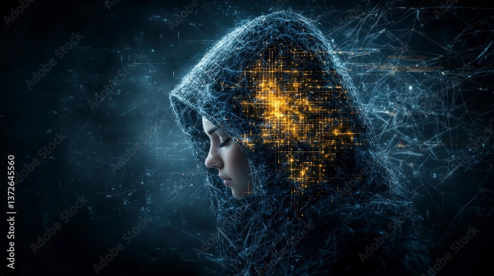 Aufkleber digital transformation portrait of a thoughtful youth virtual realm creative art dark background pro