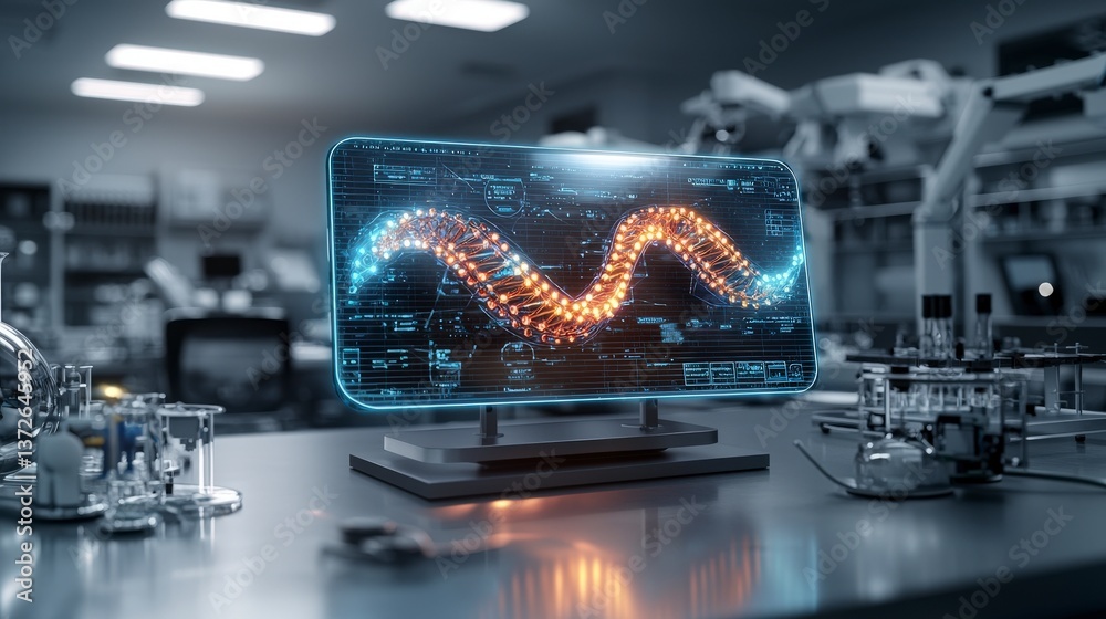 Poster innovative genetic research display modern lab digital visualization scientific environment close-up
