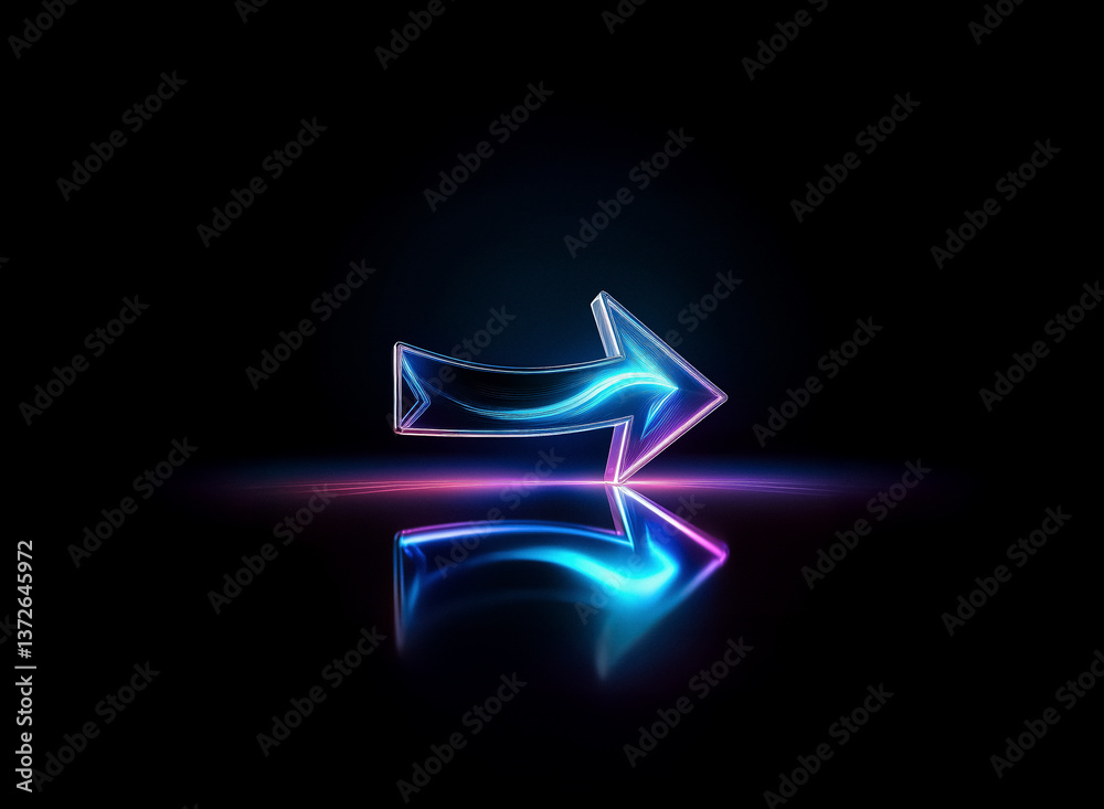 Poster a luminous blue arrow points right, reflecting brightly on a dark surface with a purple glow highlig