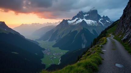Fototapeta premium A detailed, high-quality professional photo of Mount Pilatus in Switzerland, Europe, at dawn with rainy conditions, shot from a normal perspective, highlighting the dramatic atmosphere.