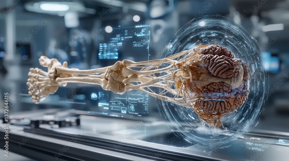 Poster Exploring neural connections human brain anatomy exhibit science lab 3d visualization high-tech environment close-up view