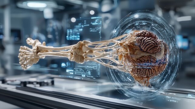Exploring neural connections human brain anatomy exhibit science lab 3d visualization high-tech environment close-up view