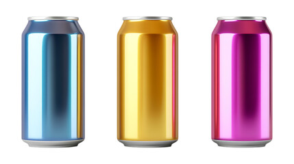 Cans Set in Three Different Poses on Transparent Background for Packaging Design, Food Branding, or Recycling Concepts