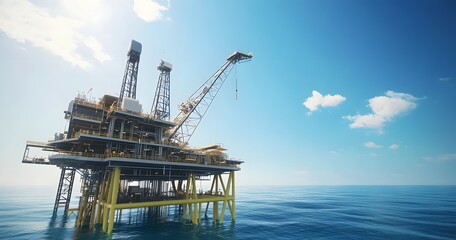 An offshore oil rig situated in the vast blue ocean waters