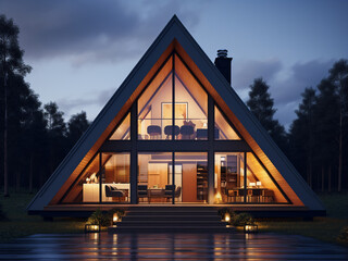 Flat design house with square windows and a triangle roof