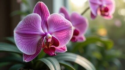 Obraz premium Close-up of vibrant pink and white striped Phalaenopsis orchid blossoms in soft focus