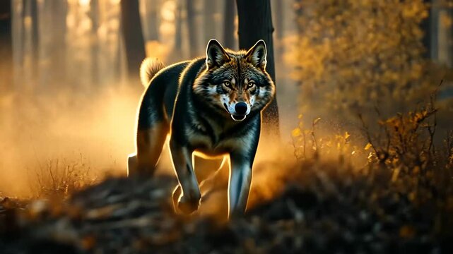 A powerful wolf runs through a misty autumn forest, illuminated by golden sunlight filtering through the trees. The dynamic motion and intense gaze of the wolf evoke a sense of wild freedom 