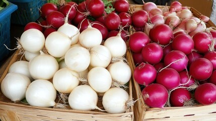Fresh basket filled with red and white onions showcasing organic produce and natural farm freshness