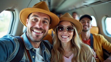 Happy travelers on a small airplane, taking a cheerful selfie during their journey.