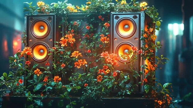 Floral-covered speakers in urban night scene.  Possible use for Wallpaper, poster