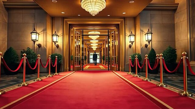 Elegant red carpet entrance illuminated by chandeliers and sconces