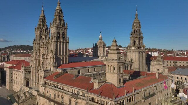 Aerial view of famous Cathedral of Santiago de Compostela. Travel destination of Camino de Santiago in Galicia, Spain.