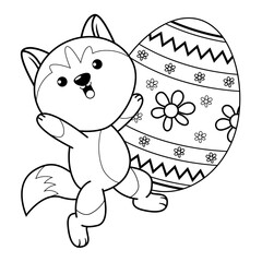 Easter coloring page with cute husky