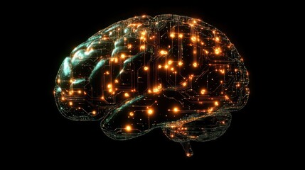 Neural Network Brain, Digital Connectivity, Black Background, Futuristic Design