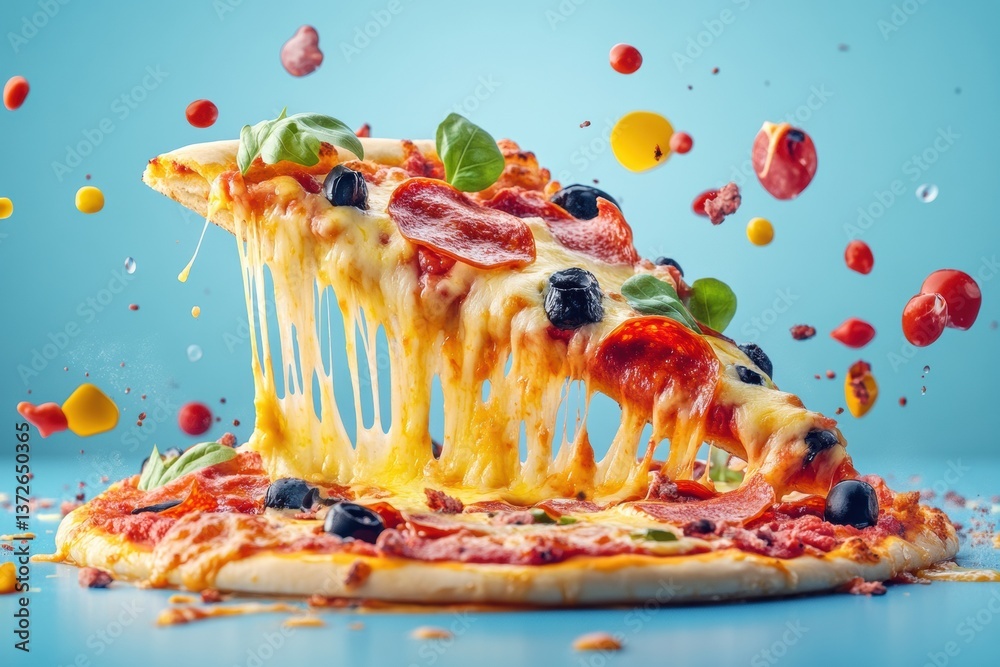 Poster delicious pizza slice with gooey cheese and vibrant toppings against a dynamic blue background captu