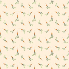 Pattern seamless with orange carrot on an orange background. Ideal for Carrot cake day, Vegan day, Gardening, farming. Product packaging, celebration, paper, fabric, textiles, home decor, gift