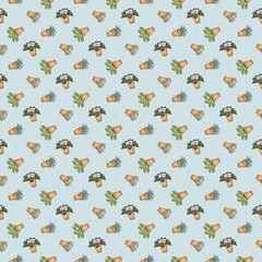 This seamless pattern features potted plants and flowers on a soft, blue background. The terracotta pots contain lush greenery, pink blossoms, and succulents. The muted color palette gives 