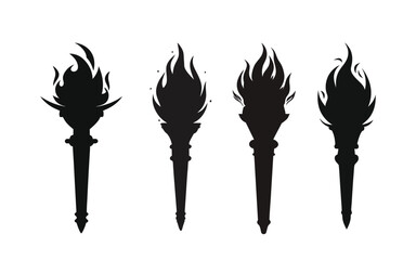 Vector illustration set of abstract symbols featuring fire, flame, eagle, and torch icons in a cartoon style with black silhouettes and decorative elements