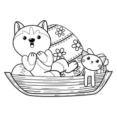 Easter coloring page with cute husky