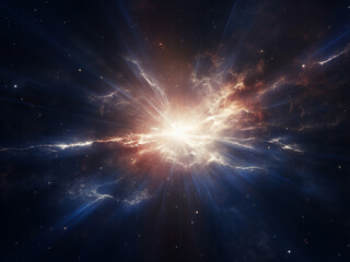 Gamma ray burst shooting energy beams illuminating surrounding space in a cosmic blast