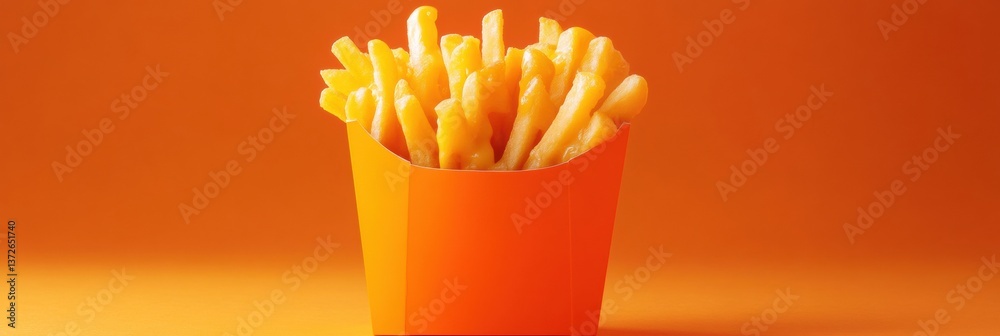 Poster crispy fries nestled in an orange container topped with gooey cheese sauce perfect for a snack at a 
