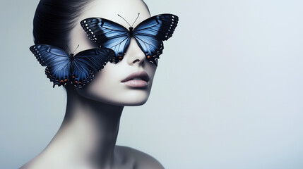 Face of a beautiful girl with butterflies instead of hair, surrealism, minimalism