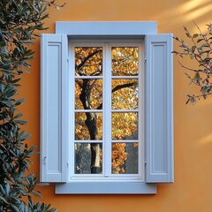 Elegant white pvc window framed by a pale orange wall with a tree in the background signifying autumn beauty