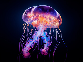 Geometric jellyfish with flowing tentacles in bioluminescent glowing hues