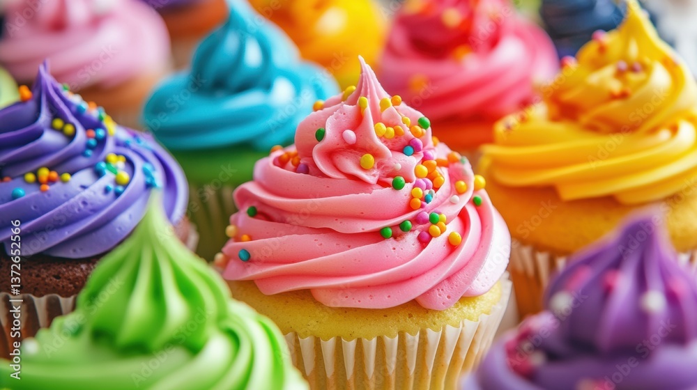 Poster colorful cupcakes adorned with neon icing and rainbow sprinkles in a vibrant bakery setting showcase
