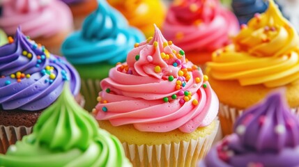 Colorful cupcakes adorned with neon icing and rainbow sprinkles in a vibrant bakery setting showcased in a close-up shot