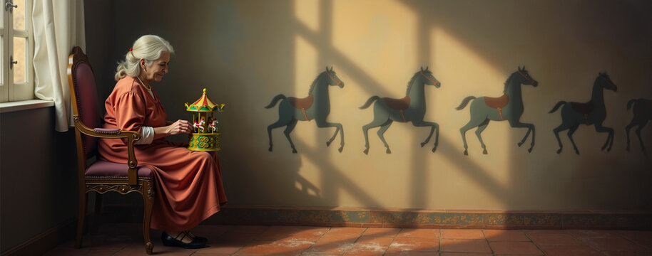 Dreaming of the past. Time Traveling Through Dreams, Old lady game with carousel