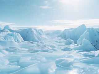 Glacier field vast with spreading ice and crevasses marking blue power beneath