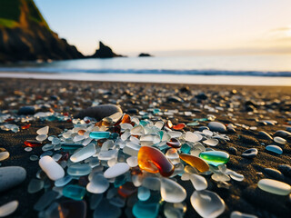 Obraz premium Glass beach close-up of colorful sea glass with a wave washing ashore and cliffs in view