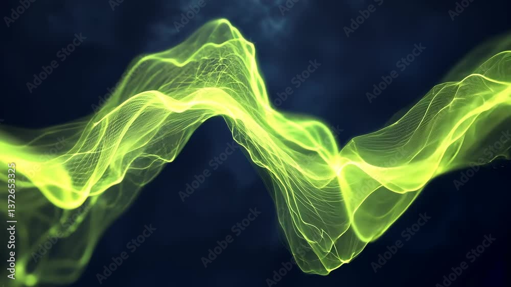 Poster energetic green waveforms create a dynamic visual representation of sound or data in a dark backgrou