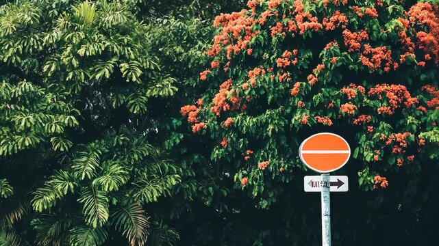Bright red flowers contrast with lush greenery beside a no-entry sign on a tropical street