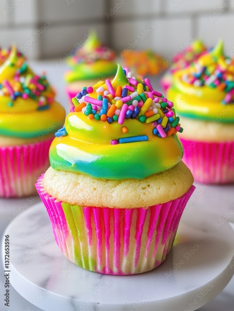 Poster colorful cupcakes with neon icing and rainbow sprinkles create a vibrant bakery display in a close-u