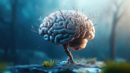 Imagining the intersection of nature and mind a surreal brain tree in a mystical forest setting