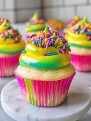 Colorful cupcakes with neon icing and rainbow sprinkles create a vibrant bakery display in a close-up shot