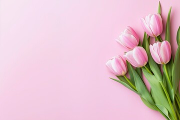 Obraz premium Pink tulips arranged on a soft pink background 