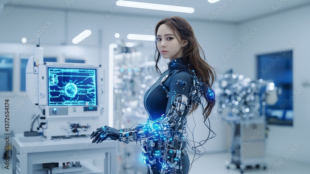 Poster Futuristic cybernetic experiment high-tech laboratory digital art sci-fi environment close-up view robotics concept