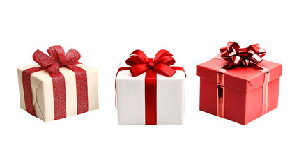 Obraz premium Christmas Gifts Set in Three Different Poses on Transparent Background for Holiday Promotions, Greeting Cards, or Festive Designs