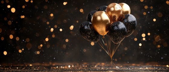 Obraz premium Elegant celebration with black and gold balloons against a bokeh background for festive occasions and stylish events