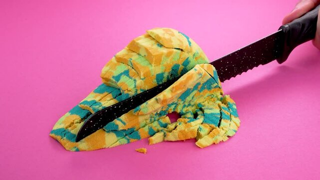 Very Satisfying and Relaxing Kinetic Sand ASMR video. Cutting anti stress macro close up colorful Kinetic Sand with a Knife. ASMR sounds.