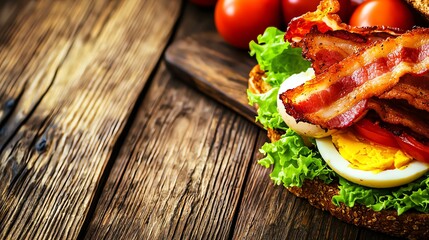 Club sandwich made with multigrain toast, filled with egg salad, lettuce and crispy bacon, macro close-up of stacked layers