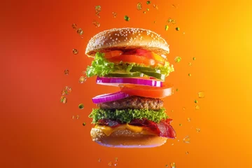 Gordijnen Floating burger with vibrant ingredients captured in dynamic pop-art style using high-speed food photography © Anat art