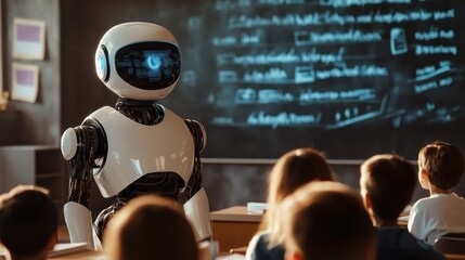 Robot teacher lecturing children in classroom